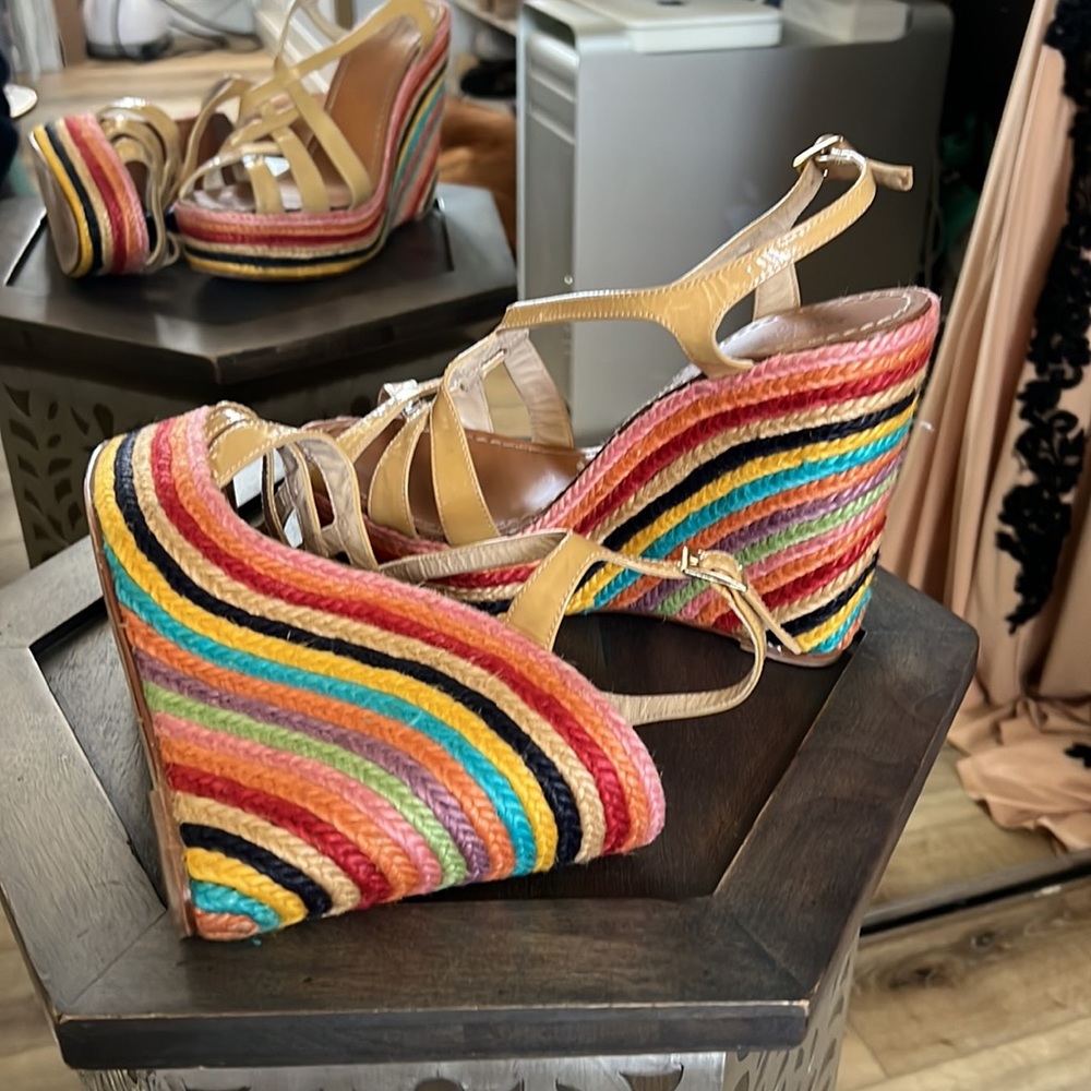 1 hour sale🔥Kate Spade, espadrille wedges, rainbow, tan leather, size 9.5
